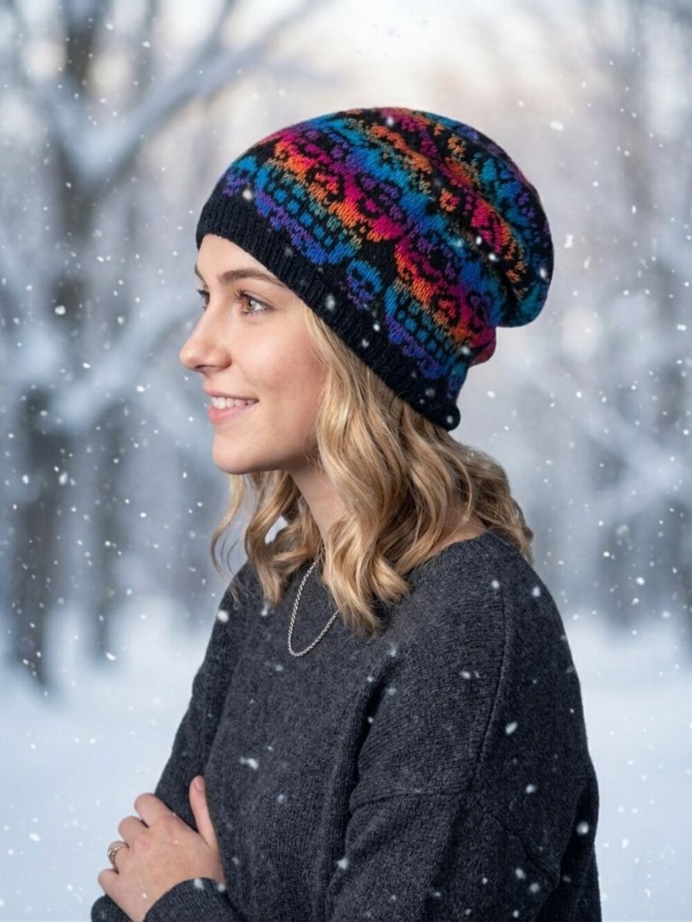 Hand Crafted Hand Knit Sugar Skull ๐ Slouchy Beanie Hat - Rainbow Colors - Picture 1 of 6